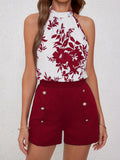 Chic Floral Halter Top & Button-Trimmed Shorts Outfit Set - Lightweight Summer Wear for Women