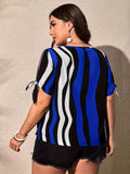 Plus Size Colorblock Striped Blouse with Tied Cuffs - Fashionable Crew Neck for Spring & Summer - Casual, Flattering Womens Plus Size Clothing