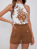 Chic Floral Halter Top & Button-Trimmed Shorts Outfit Set - Lightweight Summer Wear for Women