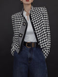 themeisles Stylish Long Sleeves Loose Houndstooth Stand Collar Jackets