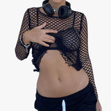 themeisles Black Grunge Aesthetic Fishnet Long Sleeve Top