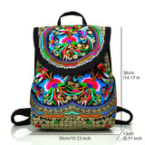 Women's Elegant Floral Embroidered Backpack - Chic Canvas Design - Versatile Flap Bookbag for Fashionable Travel & Daily Use