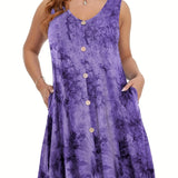 Plus Size V-Neck Tie Dye Pocket Dress - Sleeveless, Slight Stretch, Casual Style for Spring & Summer - Womens Vacation Clothing with Random Printing and Knit Fabric