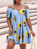 Plus Size Sunflower Print Cold Shoulder Dress with Chain Detail - Flattering & Trendy Short Sleeve Style for Effortless Spring & Summer Fashion - Womens Plus Sizes