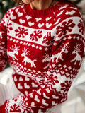 Elegant Red Reindeer & Snowflake Crew Neck Sweater - Cozy Knit Pullover for Women, Perfect for Christmas, for Winter, Autumn