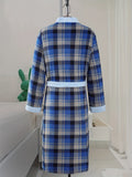 Cozy Men's Plaid Fleece Bathrobe - Warm Long Sleeve V-neck Lounge Wear with Pockets and Belt