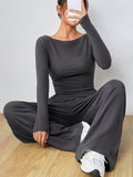 Two-Piece Solid Casual Outfit Set - Long Sleeve Top with Relaxed Fit & Wide Leg Pants for Women - Comfortable, Versatile, and Chic Clothing for Everyday Wear