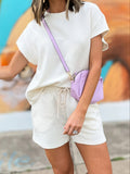 Chic Solid Two-piece Set - Casual Crew Neck Top & Drawstring Shorts Outfit - Comfortable Womens Everyday Wear