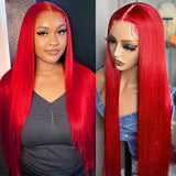 Red Lustrous Long Straight Synthetic Wig - Seamless Glueless Design with Heat Resistant Fiber - Pre-Plucked Ultra-Realistic Frontal Lace - Natural Black Color - Effortless Transformation for Women & Girls - Perfect for Parties, Concerts, and Daily Wear, 3