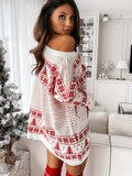 Christmas Holiday Print Sweater Mini Dress, Loose Style Off Shoulder Long Sleeves Pullover Knit Top Dress, Idea for Holiday