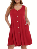 Plus Size V Neck Pocket Tunic Dress - Soft Slight Stretch Polyester Fabric, Sleeveless Casual Style for Spring & Summer, Comfortable and Versatile Womens Clothing with Knit Fabric