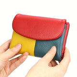 Color Block Genuine Leather Tri-Fold Mini Wallet For Women, Fashionable Casual Coin Purse With Card Slots