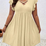 Plus Size Criss Cross Dress - Stunning Eyelet Cut-Out, Flowy Flutter Sleeve, Above Knee Length, Casual Spring & Summer Dress for Women - Designed for Plus Size Women, Part of Our Plus Size Clothing Collection