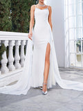 Solid Color Spaghetti Strap Formal Dress, Elegant Draped Split Thigh Evening Dress For Party & Banquet, Women's Clothing