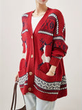 Plus Size Knitted Christmas Deer Pattern Cardigan, Casual Long Sleeve With Pockets, Button Front Women's Clothing