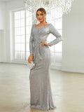 Glittering Sequin Bridesmaid Evening Dress - Flawless V Neck, Stretch Bodycon, Long Sleeves - Glamorous Gown for Parties & Banquets - Womens Formal Attire