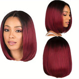 Elegant Ombre Burgundy Bob Wig For Women - Short Straight, Middle Part, Natural Synthetic Hair With Cap Net