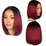 Elegant Ombre Burgundy Bob Wig For Women - Short Straight, Middle Part, Natural Synthetic Hair With Cap Net