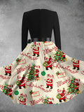 Vintage-Inspired Christmas Dress with Santa, Reindeer & Snowflake Print - Long Sleeve A-Line Party Dress for Women, Machine Washable