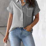 Plus Size Striped Print Shirting Blouse with Lapel Collar and Pocket - Relaxed Fit, Casual, Non-Stretch Polyester Material, Short Sleeve, Placket Front, Random Printing, Perfect for Summer - Womens Oversized Clothing