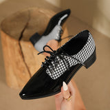 Womens Vintage-Preppy Lace-Up Brogue Shoes - Ultra-Soft Sole, Pointed Toe, Houndstooth Print, Deep Mouth Dress Shoes for Sophisticated Style