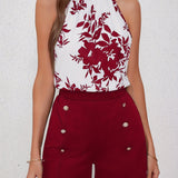 Chic Floral Halter Top & Button-Trimmed Shorts Outfit Set - Lightweight Summer Wear for Women