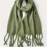 Simple Green Tassel Chunky Scarf, Leisure Style Thick Warm Shawl, Winter Coldproof Windproof Long Scarf For Women