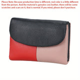 Color Block Genuine Leather Tri-Fold Mini Wallet For Women, Fashionable Casual Coin Purse With Card Slots