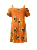 Plus Size Sunflower Print Cold Shoulder Dress with Chain Detail - Flattering & Trendy Short Sleeve Style for Effortless Spring & Summer Fashion - Womens Plus Sizes