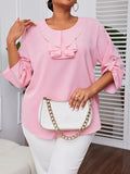 Plus Size Elegant Ruffle Crew Neck 3/4 Sleeve Solid Blouse - Chic Polyester Top for Women - Perfect for Summer, Non-Stretch, Woven, No Printing, Sheer-Free