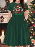 Women's Festive Christmas Graphic Dress - Casual Crew Neck, Short Sleeve, Mid-Length with Stretch Fabric, Machine Washable