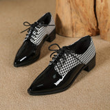 Womens Vintage-Preppy Lace-Up Brogue Shoes - Ultra-Soft Sole, Pointed Toe, Houndstooth Print, Deep Mouth Dress Shoes for Sophisticated Style