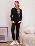 2Pcs Solid Color Thermal Underwear Set, Round Neck Long Sleeves Based Layer Warm Top & Bottom Leggings, Women's Activewear