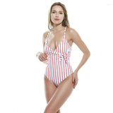 Striped Swimwear Womens One Piece Striped Front Tied Bikini Back Halter Cross Bathing Suit Pink White for Young Lady