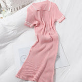 Women casual dresses turn down collar color block tunic knitted short sleve bodycon desinger dress sexy vestidos