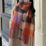 Women's Chunky Scarf, Soft And Warm Contrast Color Grid Scarf With Tassels, Perfect For Outdoor Wear, Decoration, And Wind Protection