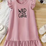 WILD LIKE CURLS Print, Girl's Fashion Casual Round Neck Flying Sleeve Dress For Summer