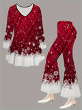 Elegant Special Series Women's Christmas Set - Casual Polyester Knit Fabric, V-Neck Long Sleeve Top with Flared Pants, Festive Red Plaid Snowflake Print