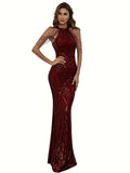 Glittering Sequin Halter Tassel Dress - Glamorous Evening Gown for Parties & Banquets - Flawless Mermaid Hem, Fashion-Forward Design for Stylish Women