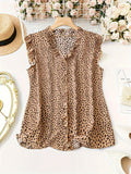 Plus Size Elegant V Neck Leopard Print Blouse - Chic Ruffle Sleeve Shirt for Spring and Summer - Non-Stretch Polyester Womens Clothing with Woven Fabric and Random Printing