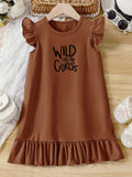 WILD LIKE CURLS Print, Girl's Fashion Casual Round Neck Flying Sleeve Dress For Summer