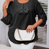 Plus Size Elegant Ruffle Crew Neck 3/4 Sleeve Solid Blouse - Chic Polyester Top for Women - Perfect for Summer, Non-Stretch, Woven, No Printing, Sheer-Free