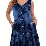 Plus Size V-Neck Tie Dye Pocket Dress - Sleeveless, Slight Stretch, Casual Style for Spring & Summer - Womens Vacation Clothing with Random Printing and Knit Fabric