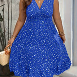 Plus Size Womens Polka Dot Peplum Tank Dress - V Neck, Sleeveless, Shirred, Ruffle Hem, Non-Stretch Polyester Fabric, Perfect for Spring/Summer Vacation