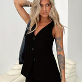 Chic Solid Color V-Neck Vest Jacket - Fashionable Button Front, Sleeveless & Elegant - Perfect Everyday Womens Clothing