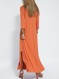 themeisles Long Sleeves Loose Solid Color Split-Side V-Neck Maxi Dresses