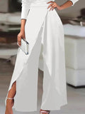 themeisles Solid Color One-Shoulder Long Sleeves T-Shirt + High-Waisted Wide Leg Pants Trousers Two Pieces Set