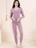 Seamless Thermal Underwear Set, Long Sleeve V Neck Tops & Pants, Women's Loungewear & Underwear