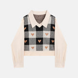 themeisles Heart Grid Beige Polo Cropped Sweater