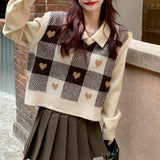 themeisles Heart Grid Beige Polo Cropped Sweater